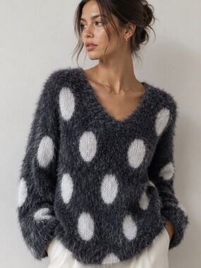Joseph A. Qu'est-ce Que Silk Oversized Polka Dot Gray Fluffy Knit Sweater XXL